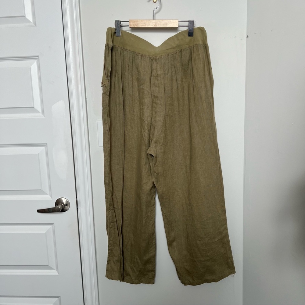 Olive Green 100% Linen Wide Leg Pants 1X High Waist Lightweight Summer Trousers - Picture 3 of 9